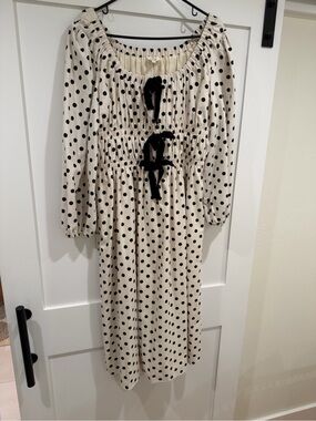 bohme Cream Polka Dot Midi Dress with Black Velvet Ties